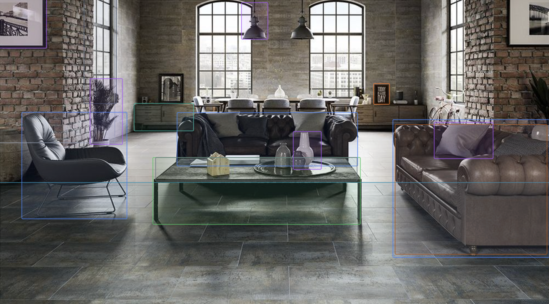 AI-detected furniture and materials highlighted with color-coded bounding boxes in an industrial loft living room