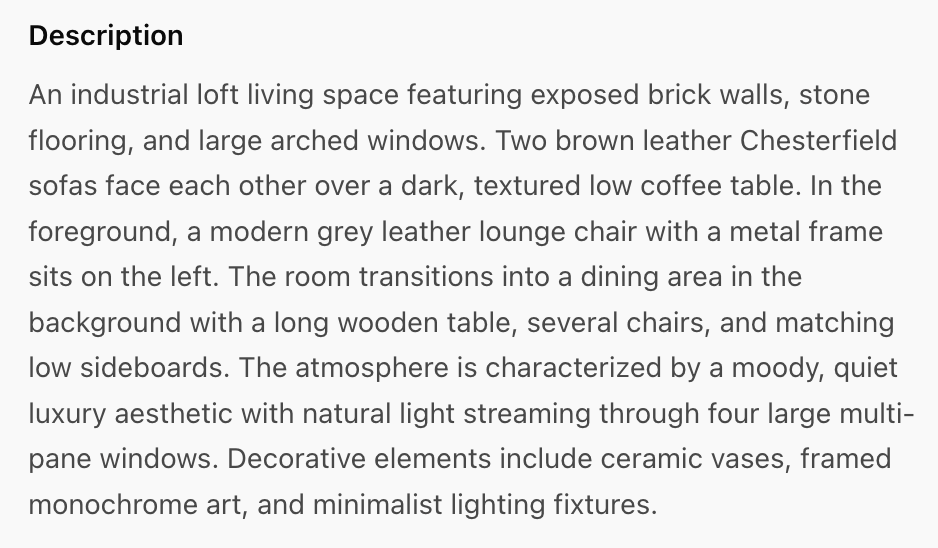 AI-generated description of an industrial loft living room identifying materials, furniture, and design elements