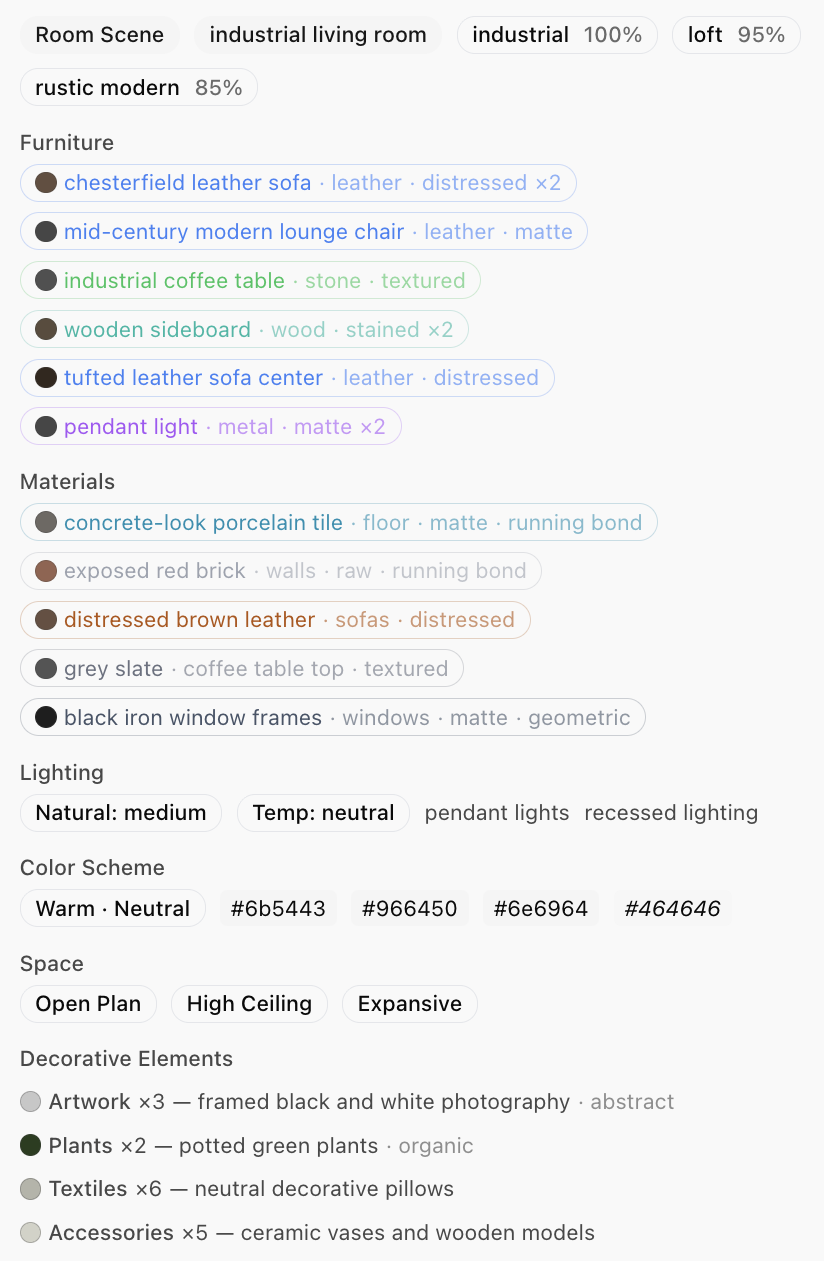 Full architectural design analysis showing furniture, materials, lighting, color scheme, space attributes, and decorative elements