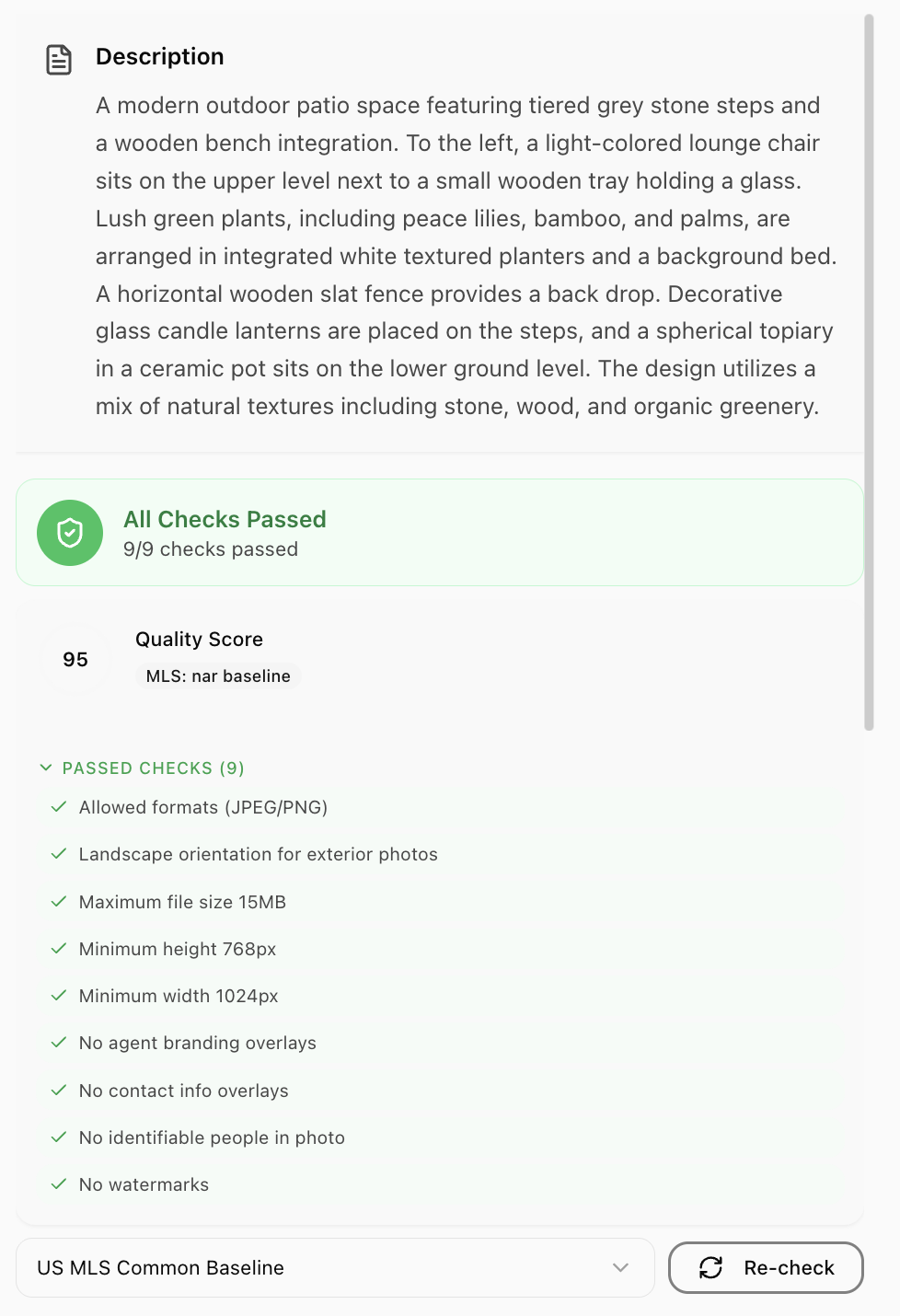 MLS compliance results showing AI-generated description, all 9 checks passed, and quality score of 95