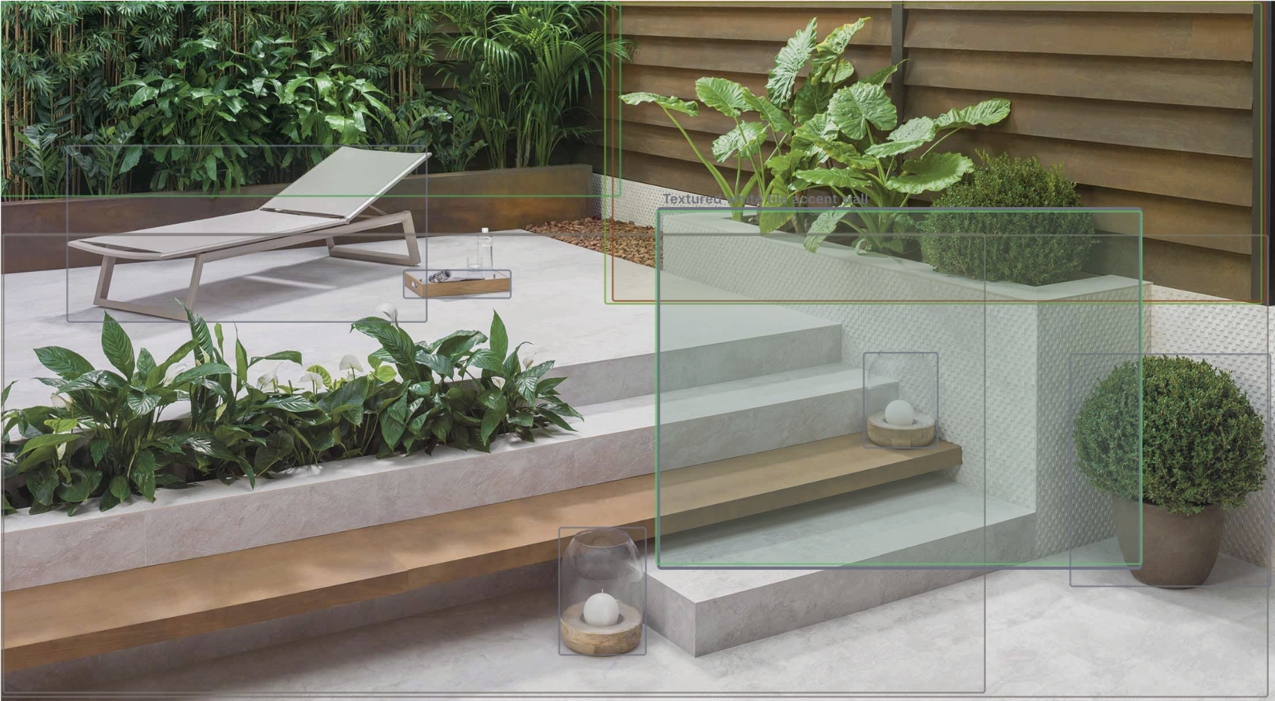 AI-detected features highlighted with bounding boxes on a real estate exterior photo