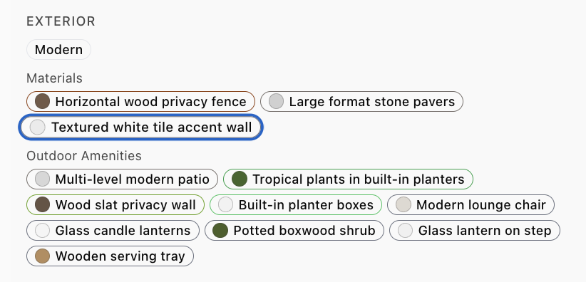 Extracted property features including architectural style, materials, and landscape elements