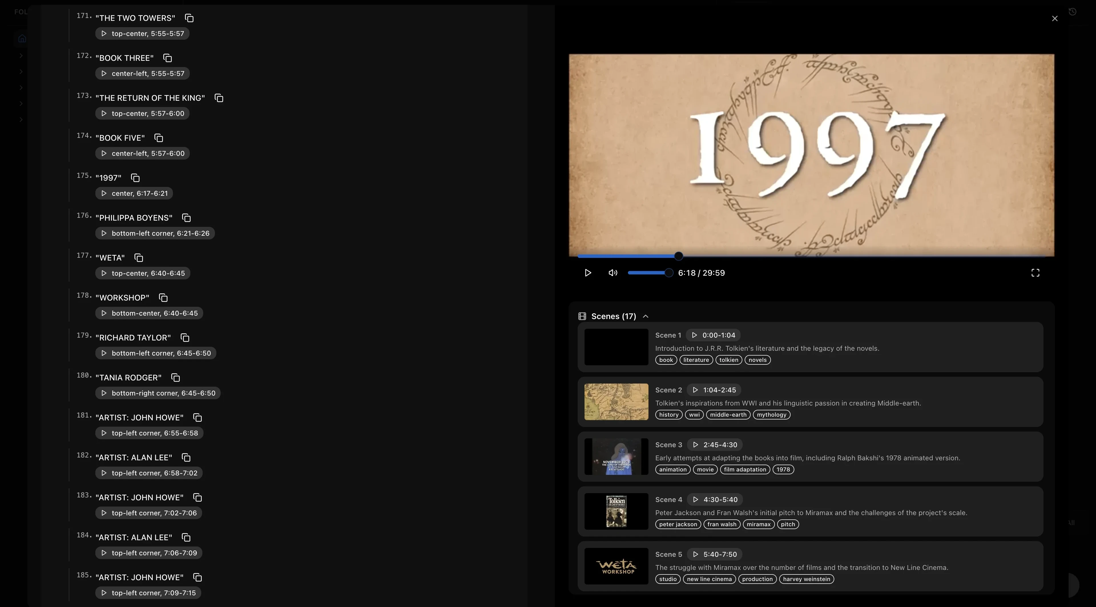 Video detail page showing AI-generated scene analysis of a LOTR retrospective