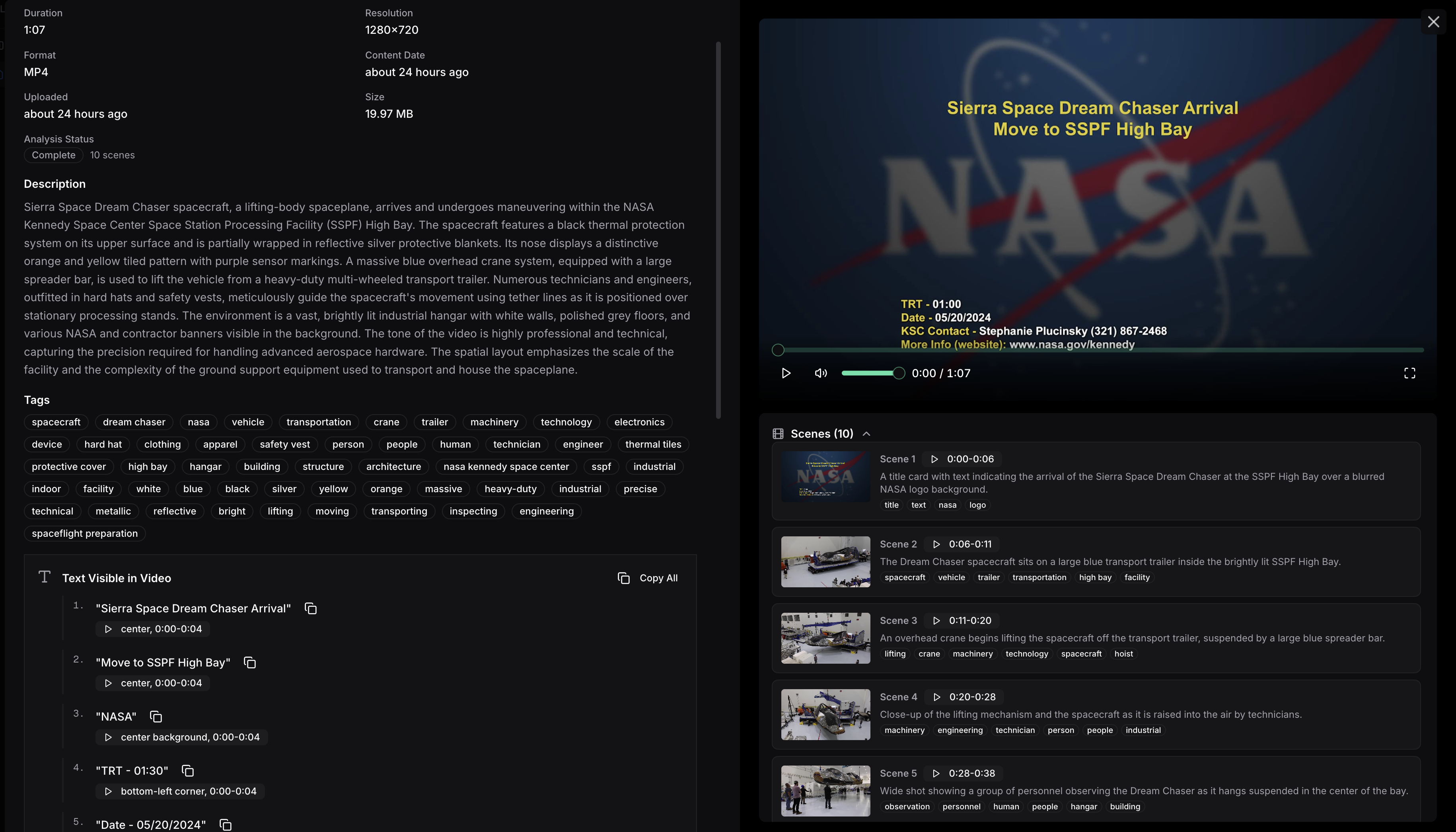 Scopix video details view: metadata, AI description, tags, text visible in video with timestamps, and a scene-by-scene breakdown with thumbnails