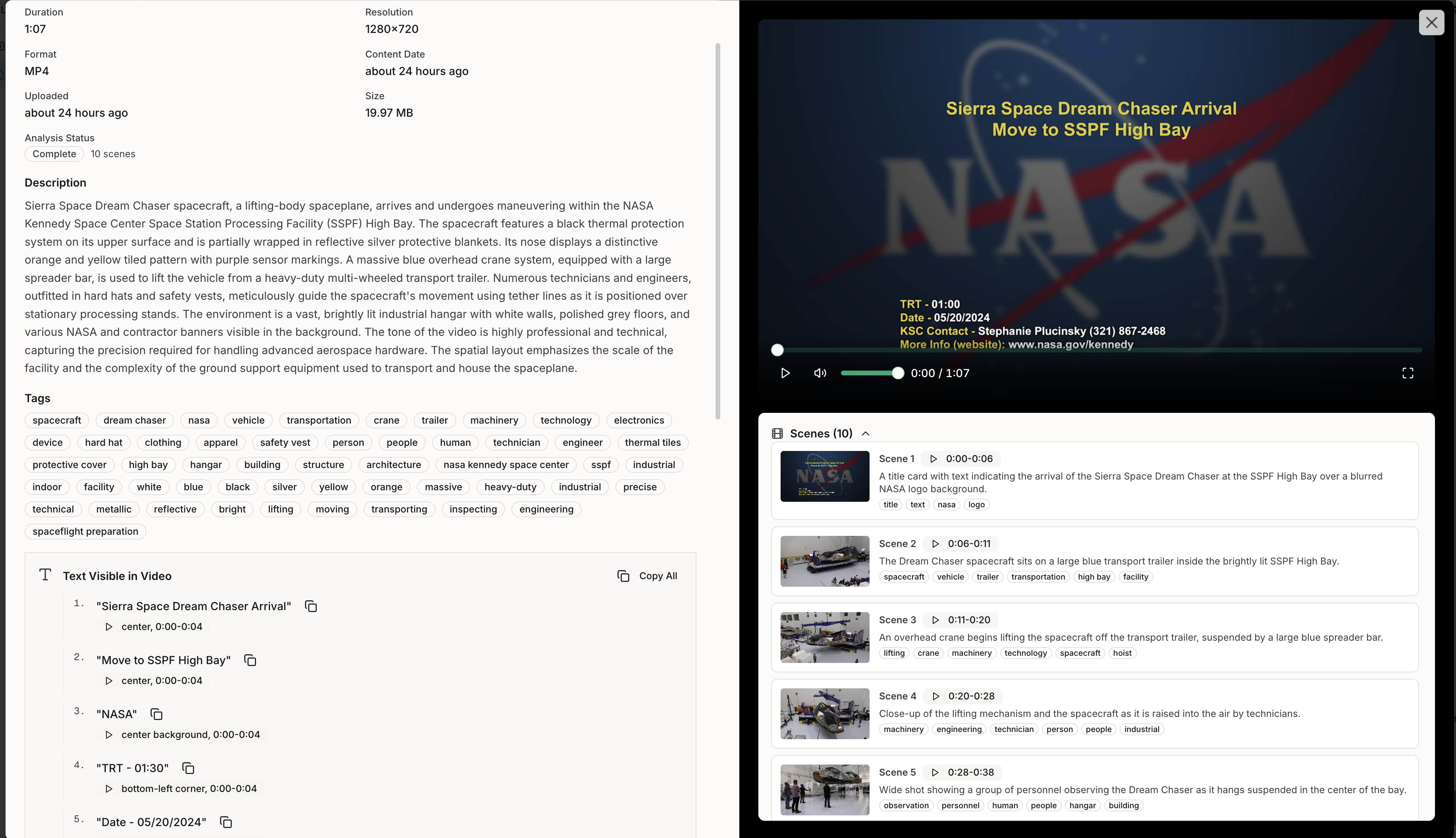 Scopix video details view: metadata, AI description, tags, text visible in video with timestamps, and a scene-by-scene breakdown with thumbnails